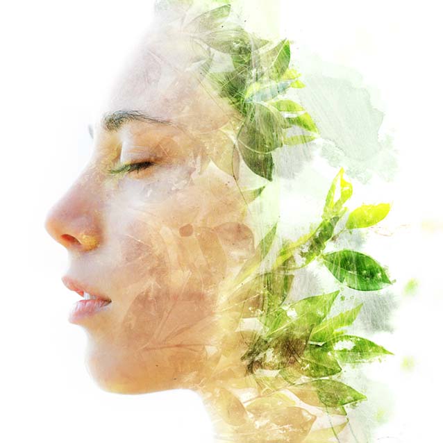 Double exposure close up of a young happy natural beauty and bright shining tropical leaves Chemo Patients ad